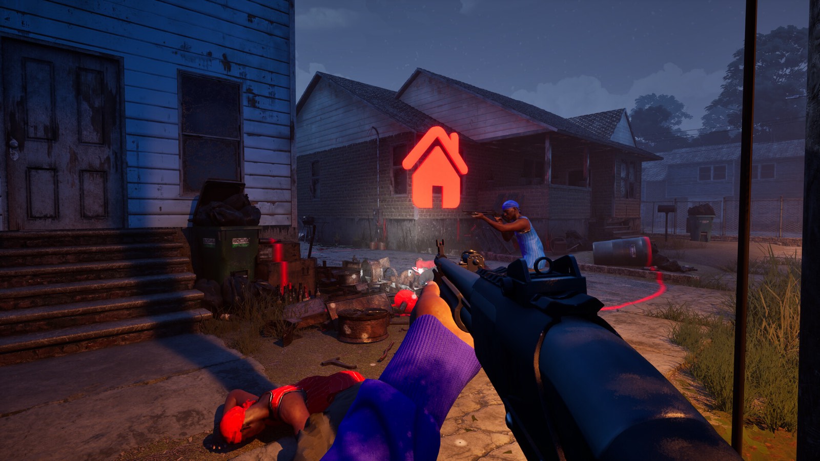 First-person shotgun view on a night residential street, with a glowing red house marker on a brick house.