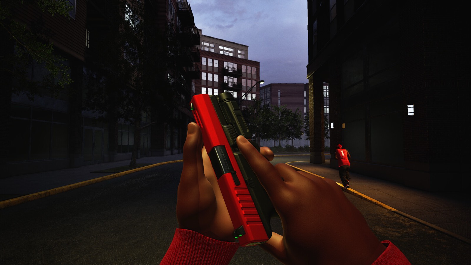 First-person view of a red and black pistol on a downtown street at dusk, with another player ahead.