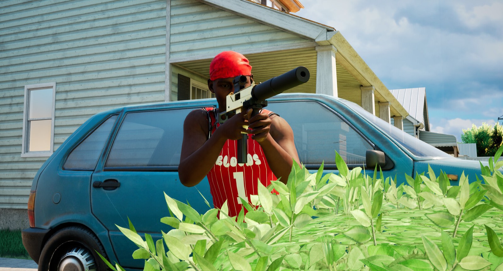 A player in a red durag aims a suppressed light-colored submachine gun from behind a blue hatchback.